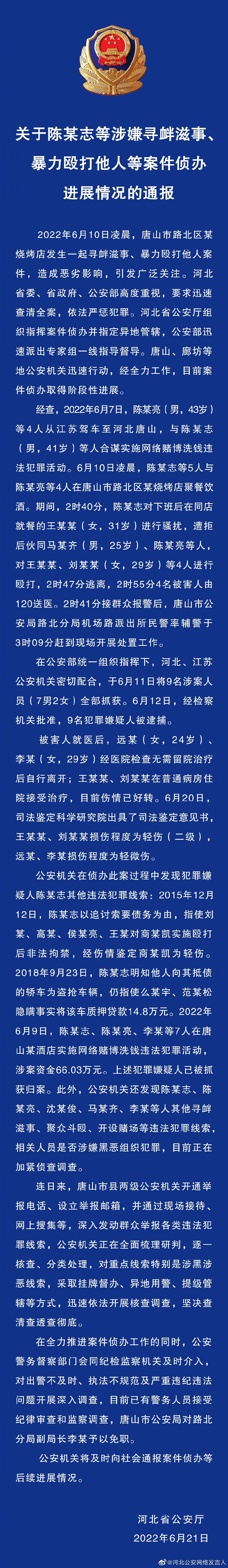 關于陳某志等涉嫌尋釁滋事、暴力毆打他人等案件偵辦進展情況的通報