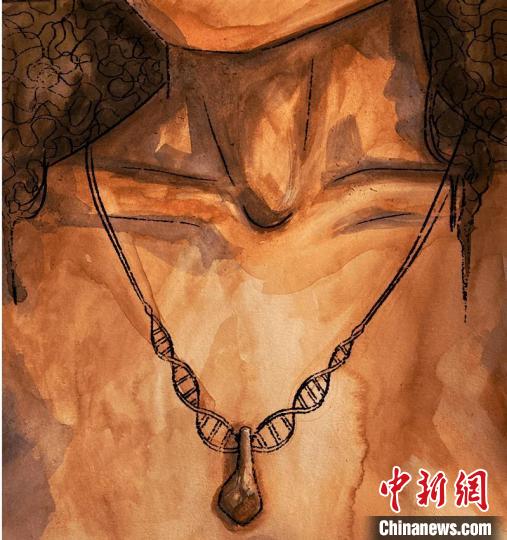 墜飾藝術(shù)再現(xiàn)圖，圖中吊墜繩為DNA螺旋樣式(圖片作者M(jìn)yrthe Lucas)?！∈┢樟指瘛ぷ匀?供圖
