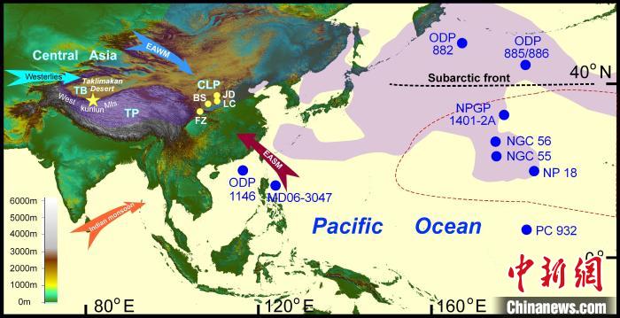 塔里木沙塵傳輸至北太平洋的路徑(陰影區(qū))及西昆侖山黃土巖芯位置(五角星)。　中科院青藏高原所 供圖