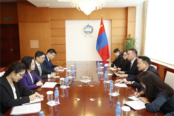 10月31日，中國(guó)駐蒙古國(guó)大使沈敏娟到任拜會(huì)蒙政府辦公廳主任兼蒙古人民黨總書記阿瑪爾巴伊斯格楞。中國(guó)駐蒙古使館供圖