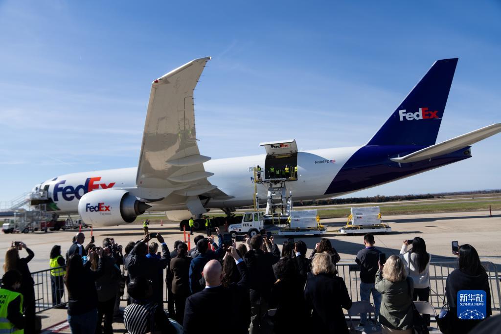 11月8日，在美國弗吉尼亞州的華盛頓杜勒斯國際機(jī)場，裝有大熊貓的特制“旅行包廂”準(zhǔn)備運(yùn)上專機(jī)。新華社記者劉杰攝