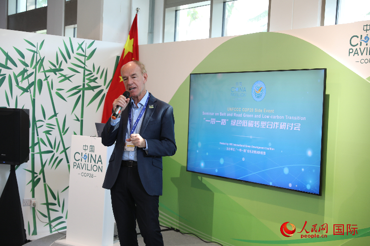 綠色聯(lián)盟聯(lián)合主席、世界自然基金會國際特使蘭博蒂尼在“一帶一路”綠色低碳轉(zhuǎn)型合作研討會上發(fā)言。人民網(wǎng)記者 張志文攝