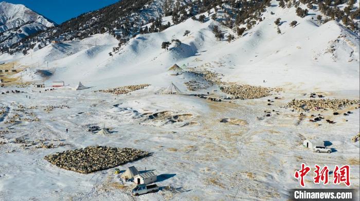 圖為無人機(jī)航拍牧場?！《继m縣融媒體中心供圖