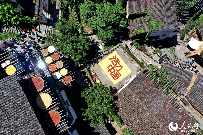 篁嶺曬秋大媽用農(nóng)作物曬出“活力中國(guó)”。人民網(wǎng)記者 時(shí)雨攝
