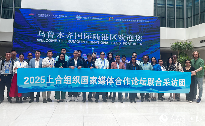 5月26日，外國媒體人在烏魯木齊國際陸港區(qū)合影留念。 人民網(wǎng)記者 翟轉麗攝