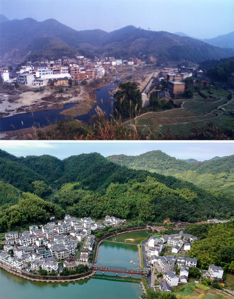 圖為浙江省杭州市淳安縣楓樹(shù)嶺鎮(zhèn)下姜村拼版圖，其中上圖為資料照片、下圖由新華社記者張鋮攝。