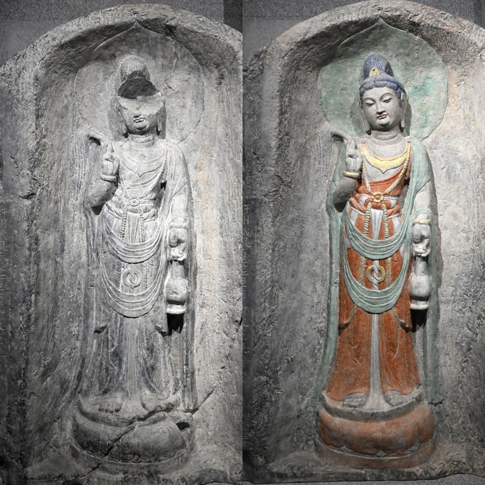 左圖為龍門石窟萬佛洞窟前南壁菩薩造像的3D打印模型；右圖為利用數(shù)字化技術(shù)復(fù)原后的3D打印模型（2025年4月10日攝，拼版照片）。復(fù)原后的像龕精妙絕倫，栩栩如生，被游客譽為“龍門最美菩薩”。圖片來源新華社