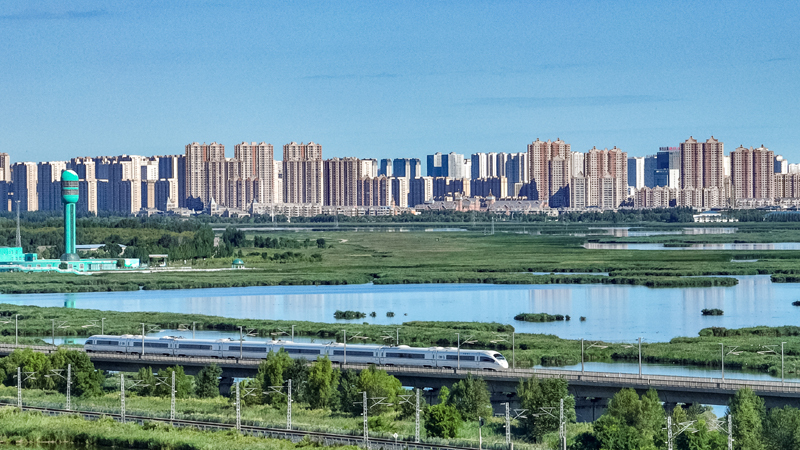 2025年8月17日，一列動(dòng)車組列車駛過(guò)大慶東站。