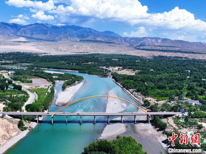 航拍貴德縣黃河岸畔綠意盎然。　馬銘言 攝