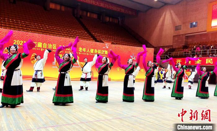 圖為西藏老年舞蹈隊(duì)齊跳傳統(tǒng)鍋莊舞。　貢桑拉姆 攝