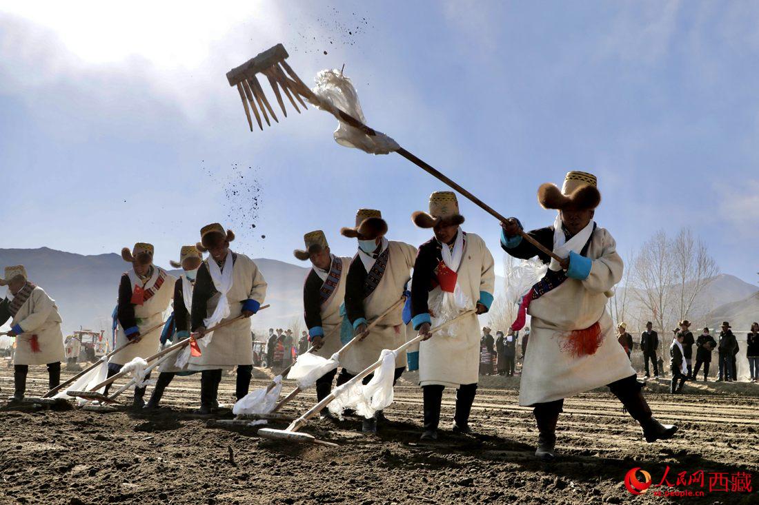 當(dāng)?shù)卮迕裆碇?jié)日盛裝，舉行春耕儀式。人民網(wǎng) 次仁羅布攝